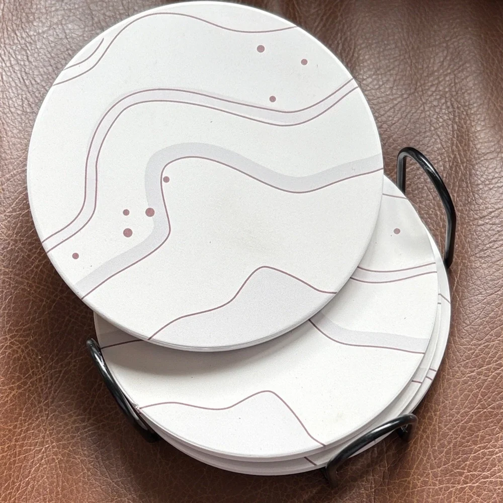 Abstract Wave Round Marble Coasters with Cork Backs - Set with Metal Stand